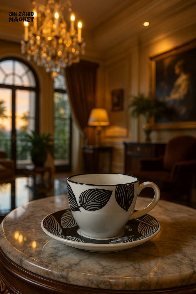 BLACK LEAF DESIGN CERAMIC TEA CUP & SAUCER 200ML 6PIECE – LUXURY VILLA STYLE