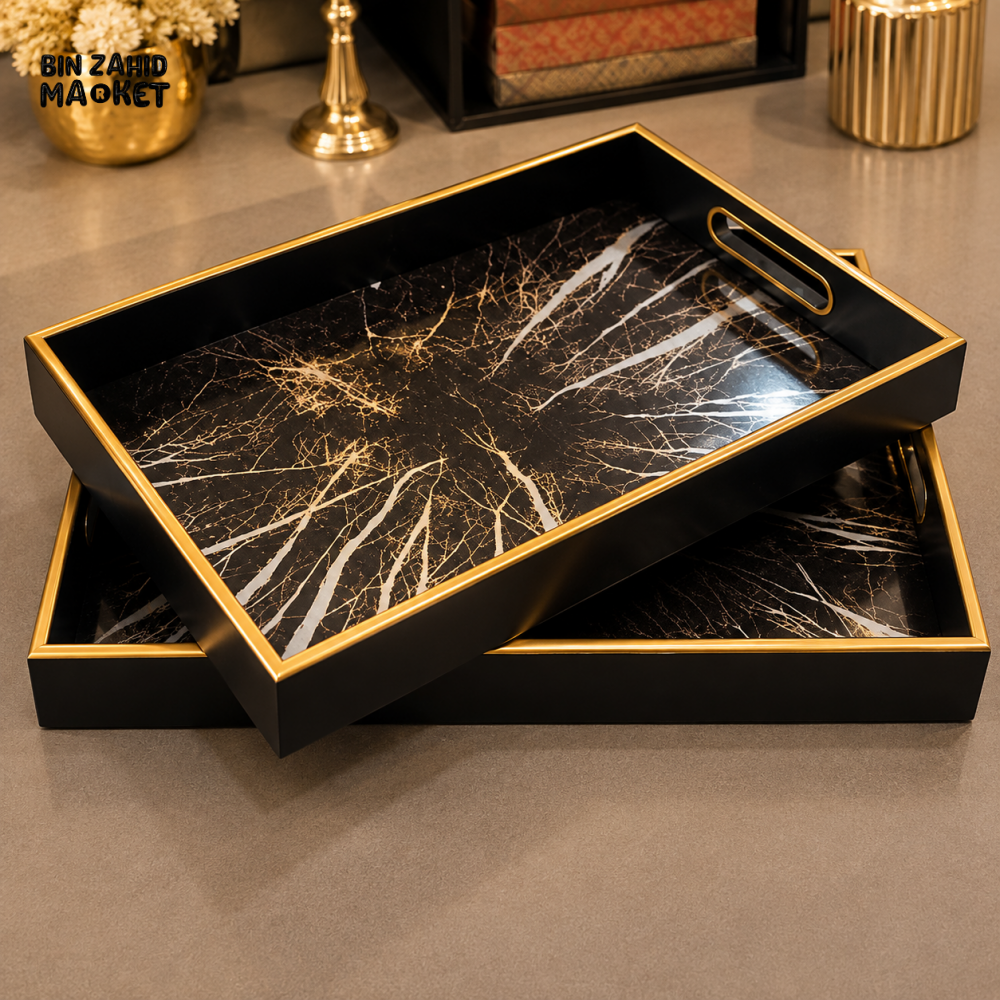 BLACK MARBLE EFFECT GOLD RIM SERVING TRAY SET