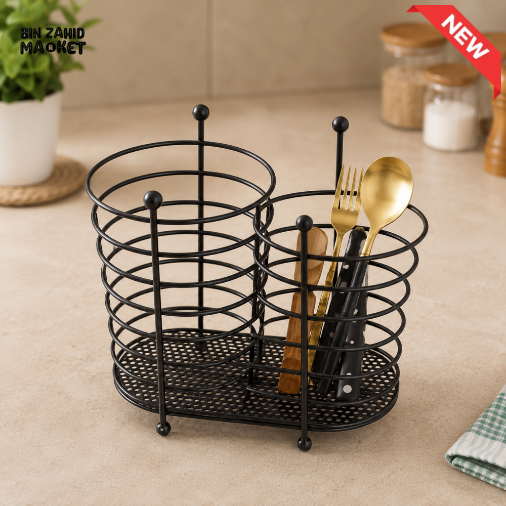 BLACK METAL 2-COMPARTMENT CUTLERY & UTENSIL HOLDER
