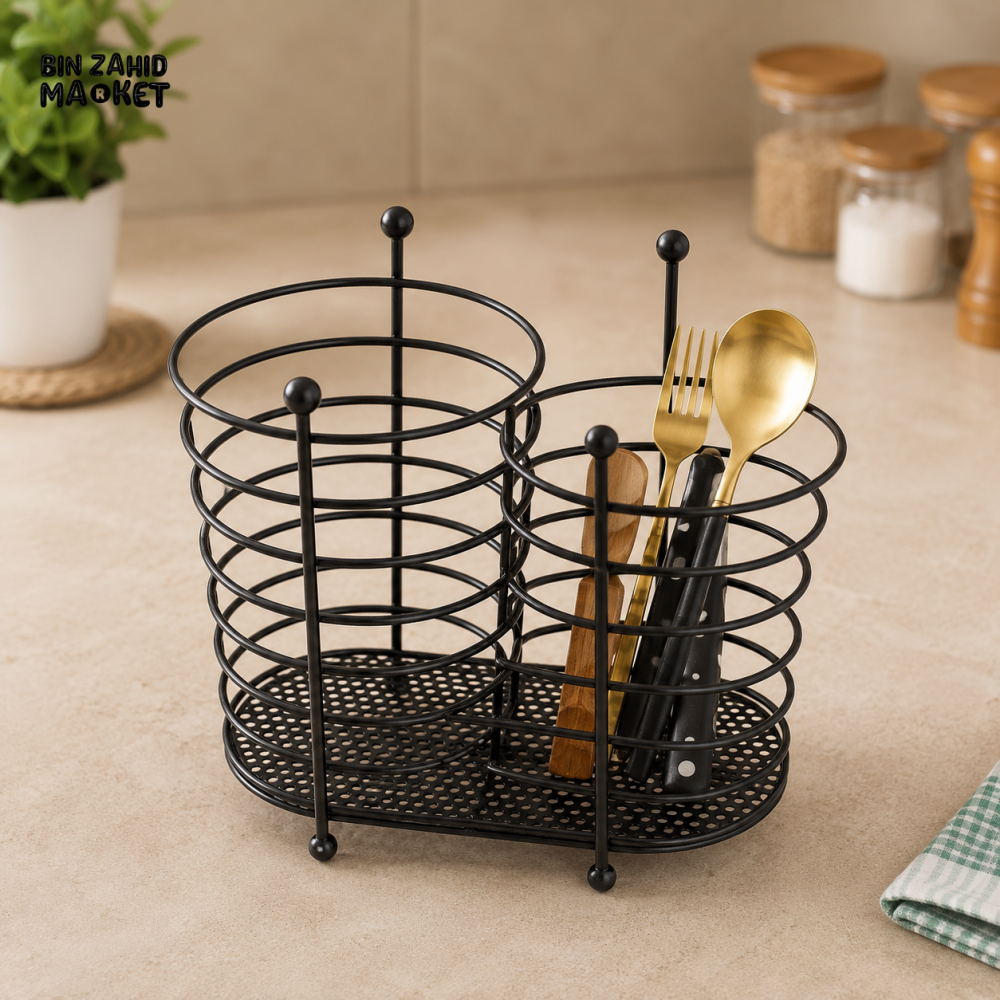BLACK METAL 2-COMPARTMENT CUTLERY & UTENSIL HOLDER