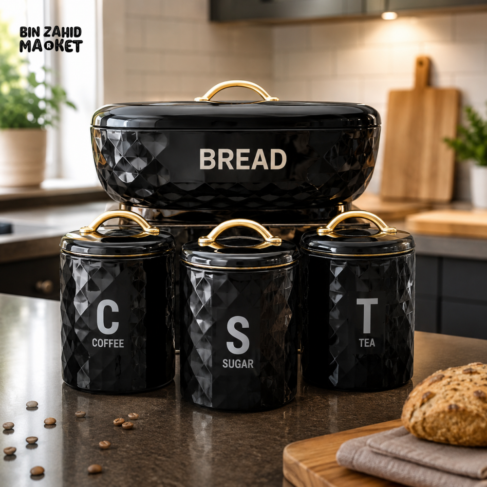 BLACK METAL BREAD BIN & 3-PIECE KITCHEN STORAGE CANISTER SET - Storage Jars & Canisters