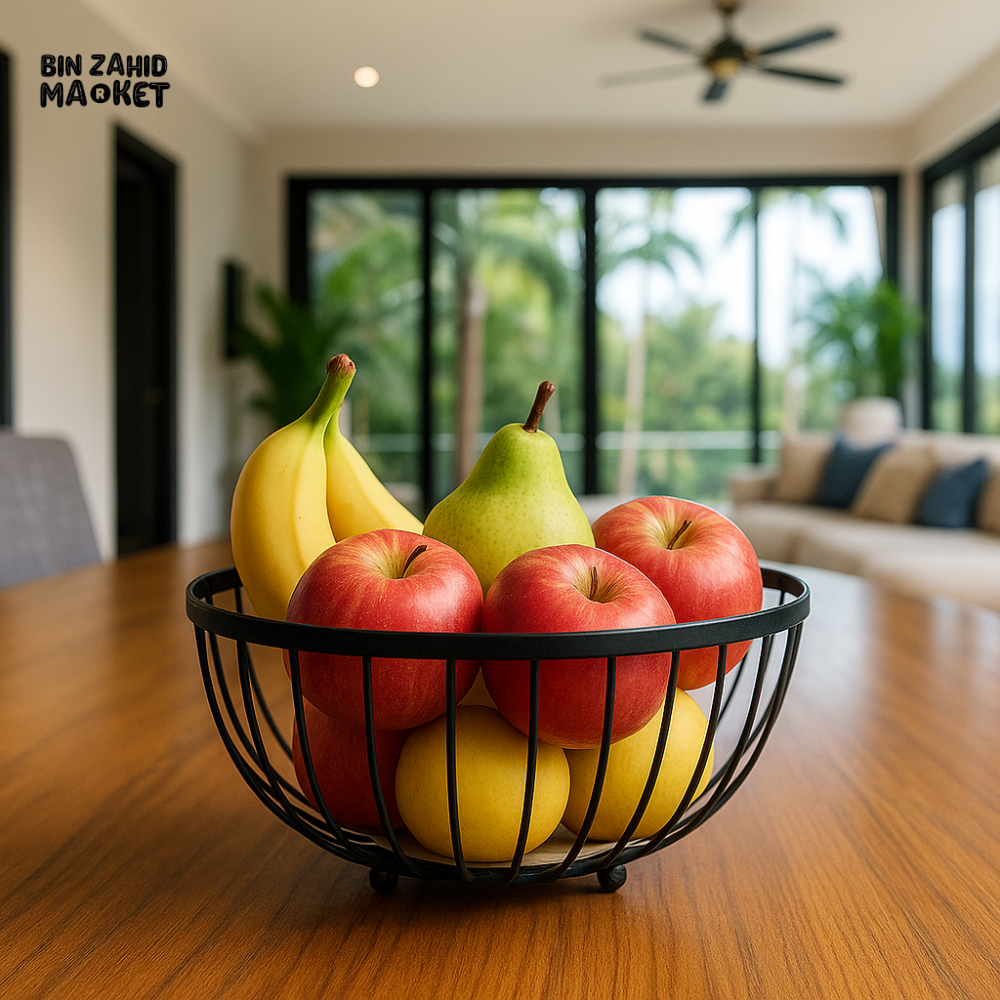 BLACK METAL FRUIT BASKET WITH WOODEN BASE – LUXURY VILLA TABLETOP FRUIT HOLDER FOR MODERN DINING DECOR