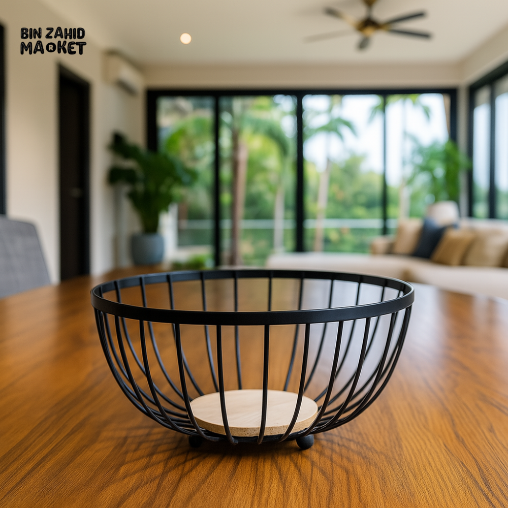 BLACK METAL FRUIT BASKET WITH WOODEN BASE – LUXURY VILLA TABLETOP FRUIT HOLDER FOR MODERN DINING DECOR