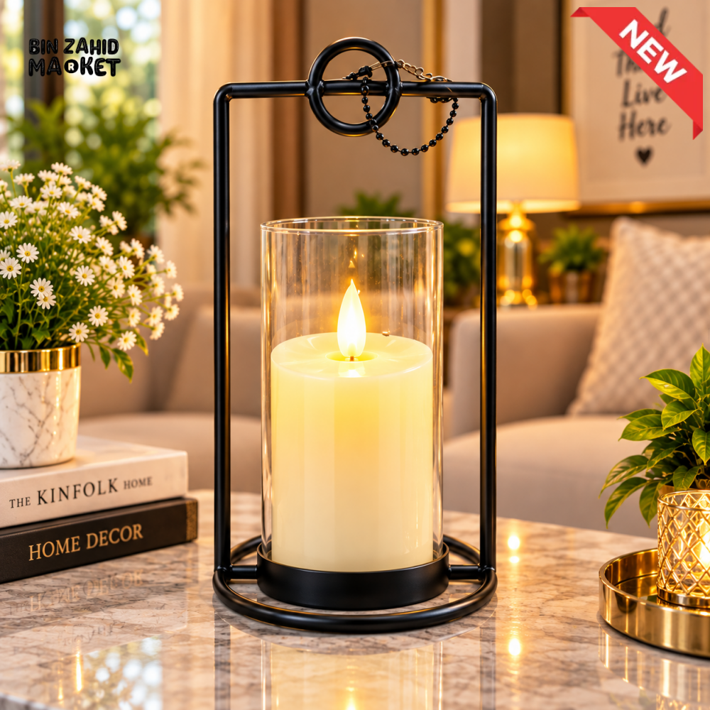 BLACK METAL LANTERN WITH FLAMELESS LED CANDLE & GLASS CYLINDER