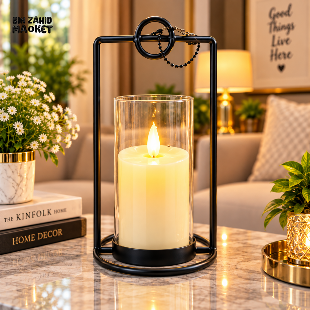 BLACK METAL LANTERN WITH FLAMELESS LED CANDLE & GLASS CYLINDER