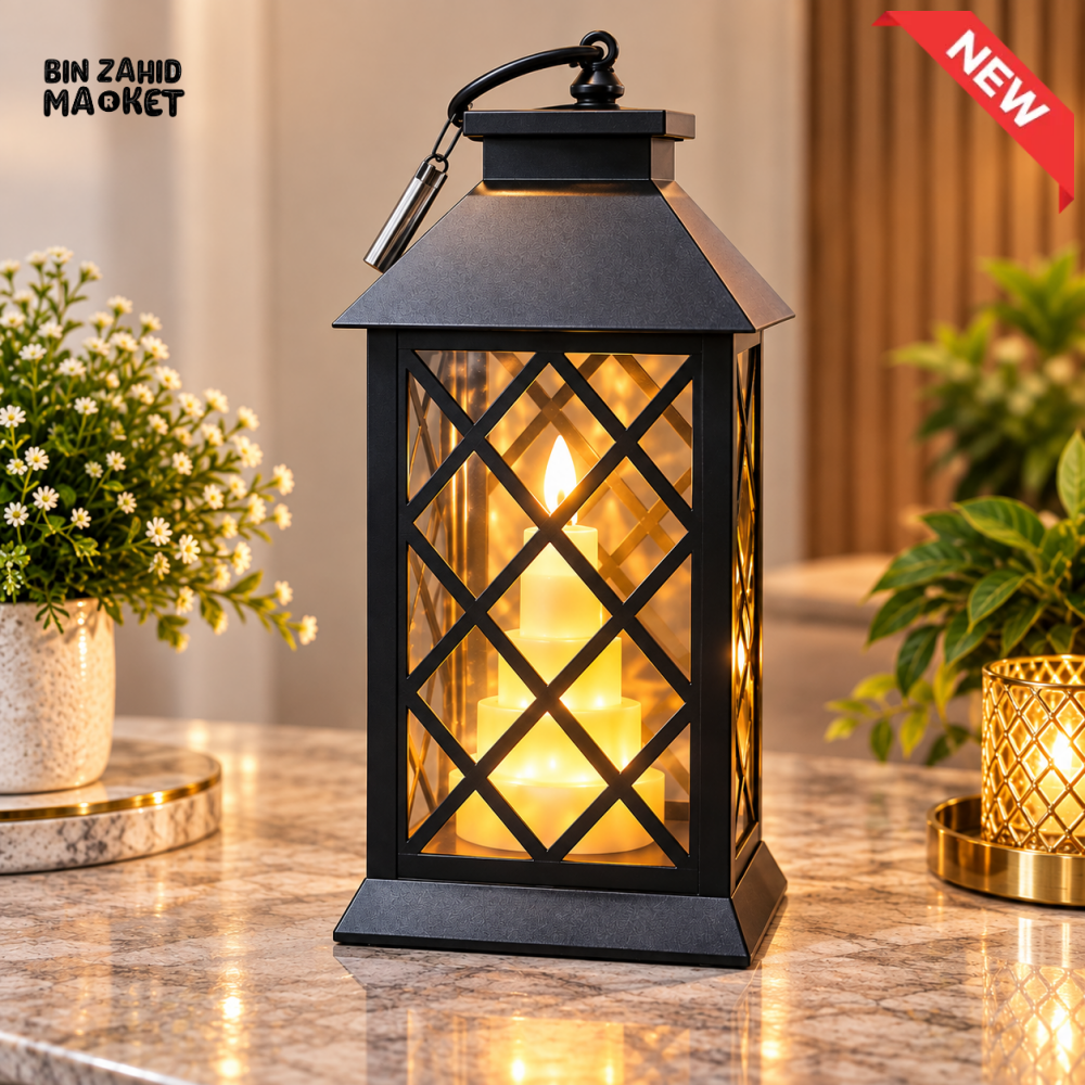 BLACK METAL LATTICE LANTERN WITH FLAMELESS LED CANDLE