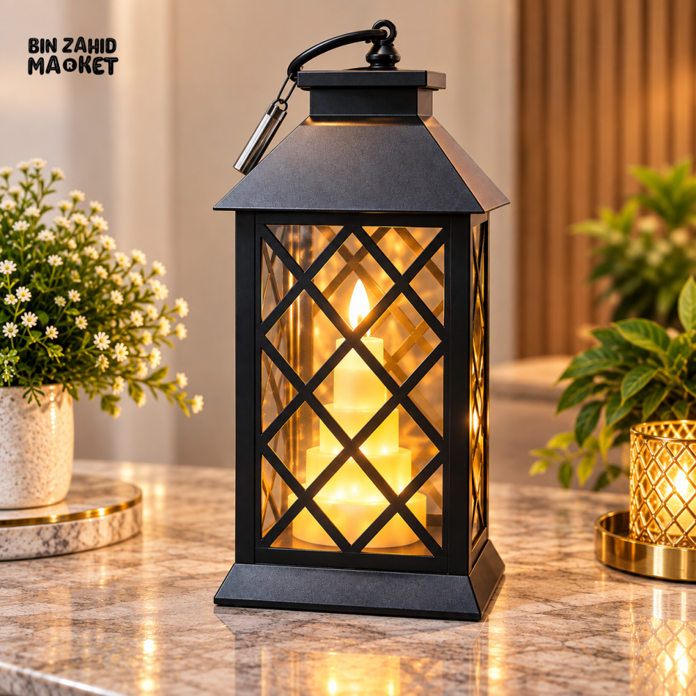 BLACK METAL LATTICE LANTERN WITH FLAMELESS LED CANDLE
