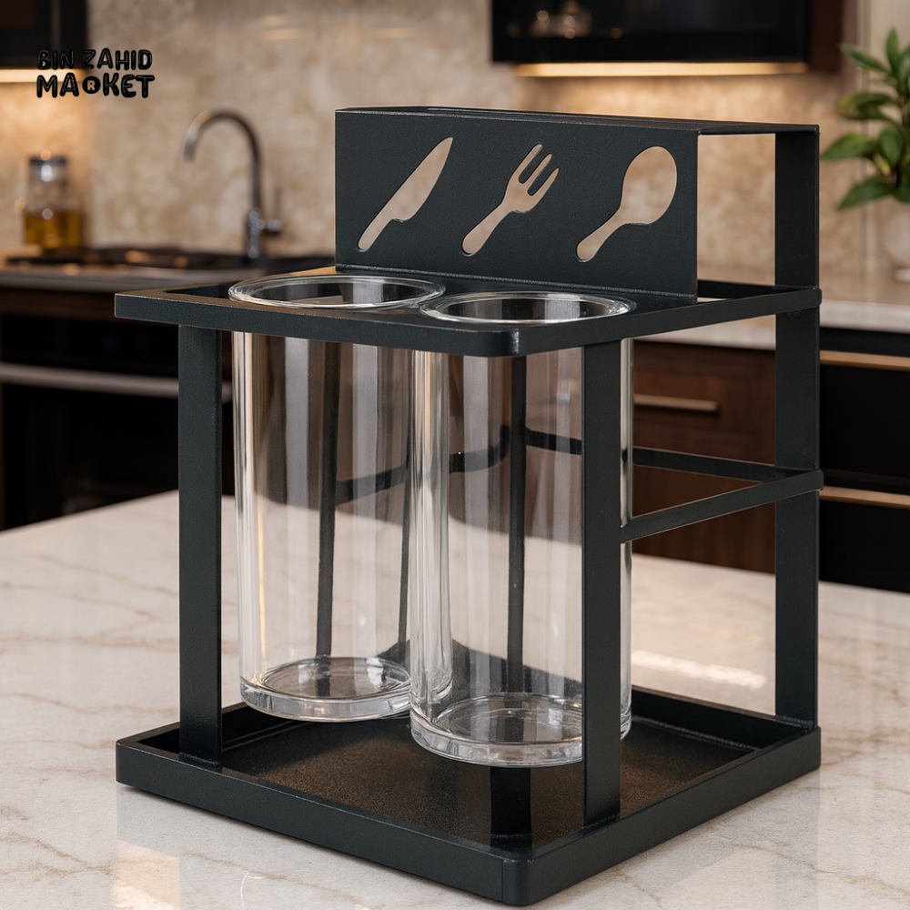 BLACK METAL UTENSIL HOLDER WITH GLASS CONTAINERS – LUXURY KITCHEN COUNTERTOP ORGANIZER 18567