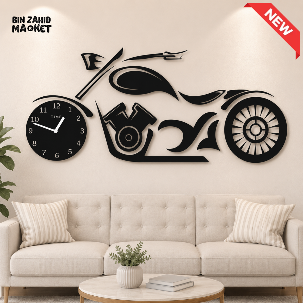 BLACK MOTORCYCLE WALL CLOCK & METAL WALL ART