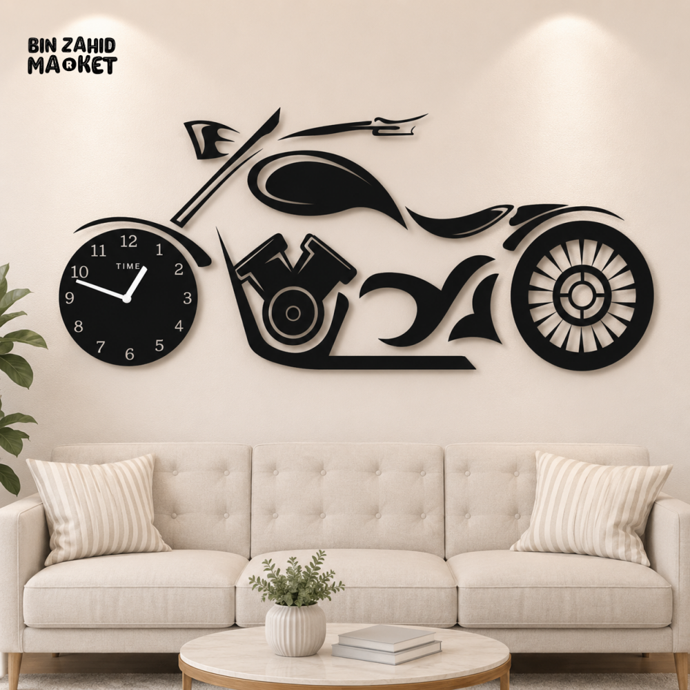 BLACK MOTORCYCLE WALL CLOCK & METAL WALL ART