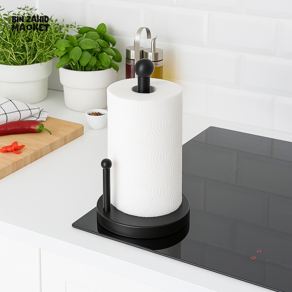 BLACK PAPER TOWEL HOLDER WITH TISSUE ROLL – MODERN KITCHEN COUNTERTOP ORGANIZER DH3741