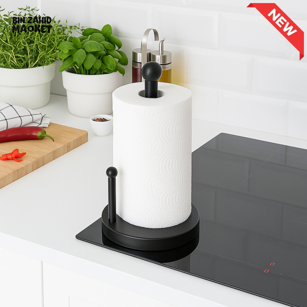 BLACK PAPER TOWEL HOLDER WITH TISSUE ROLL – MODERN KITCHEN COUNTERTOP ORGANIZER DH3741