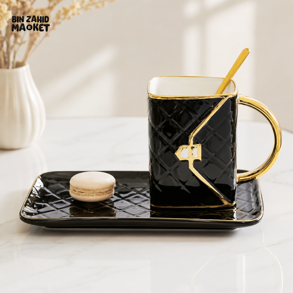 BLACK QUILTED CERAMIC MUG WITH MATCHING TRAY & SPOON