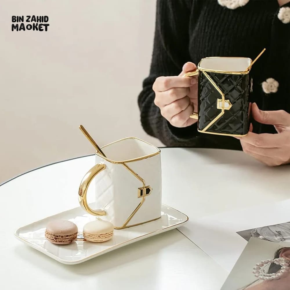 BLACK QUILTED CERAMIC MUG WITH MATCHING TRAY & SPOON