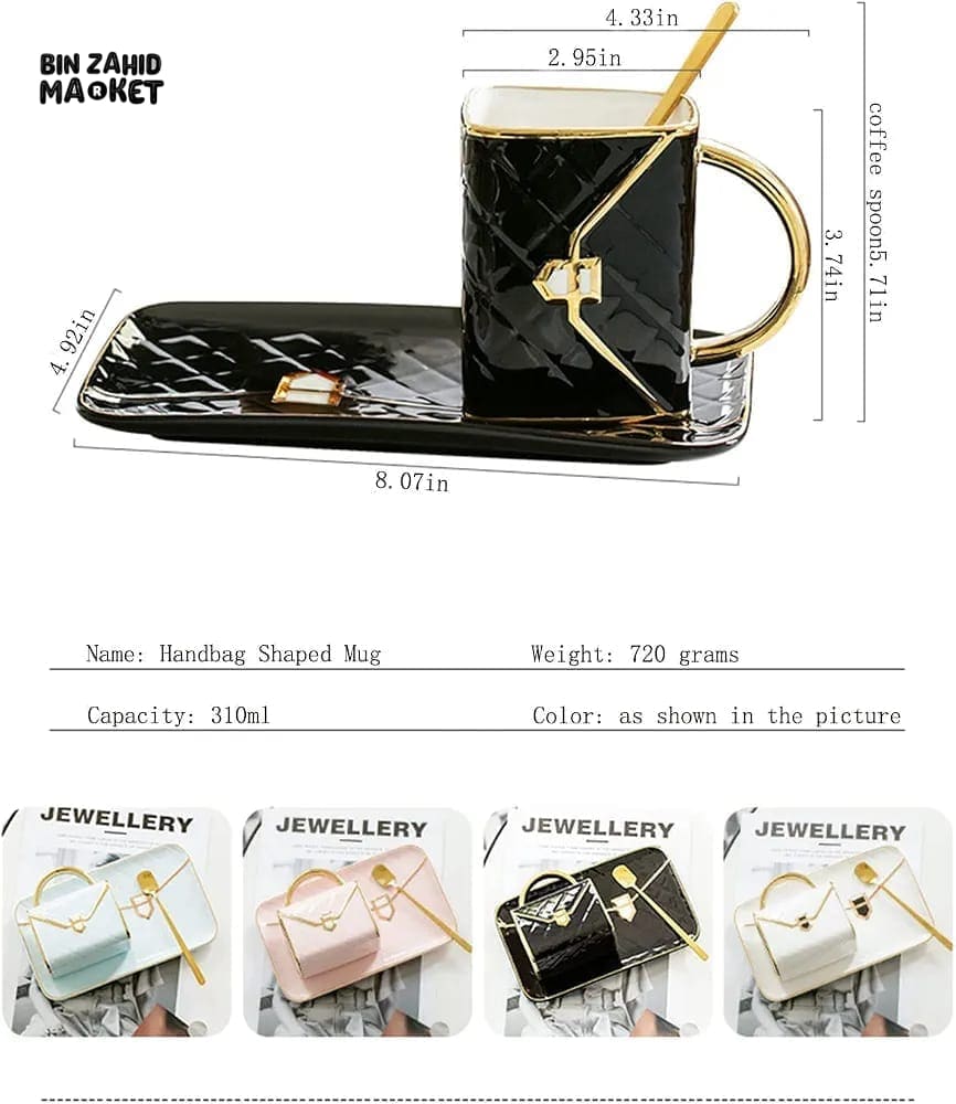 BLACK QUILTED CERAMIC MUG WITH MATCHING TRAY & SPOON