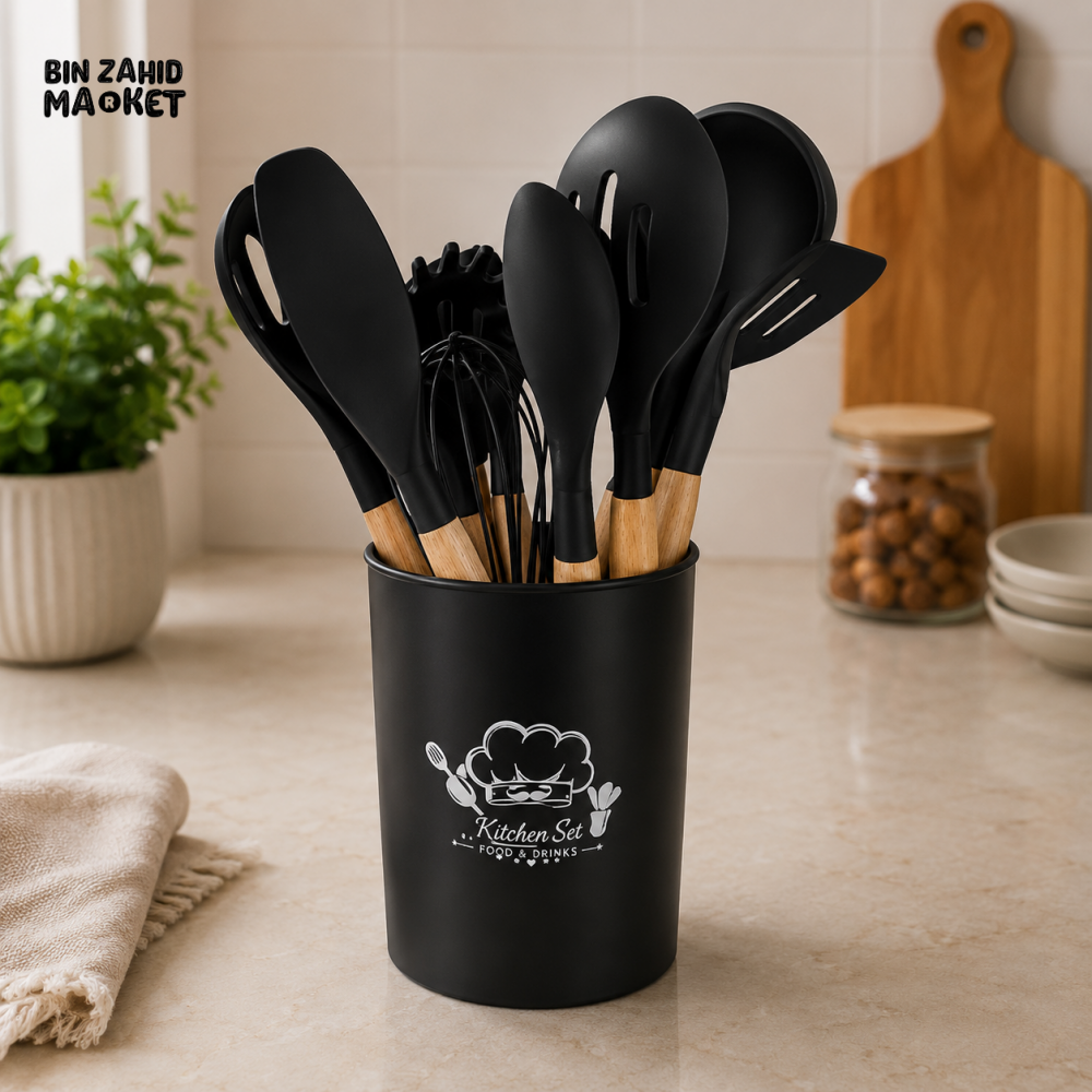 BLACK SILICONE KITCHEN UTENSIL SET WITH HOLDER AND WOODEN HANDLES