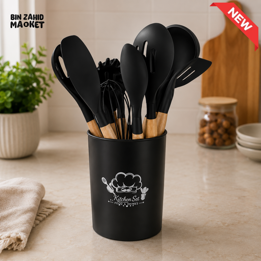 BLACK SILICONE KITCHEN UTENSIL SET WITH HOLDER AND WOODEN HANDLES