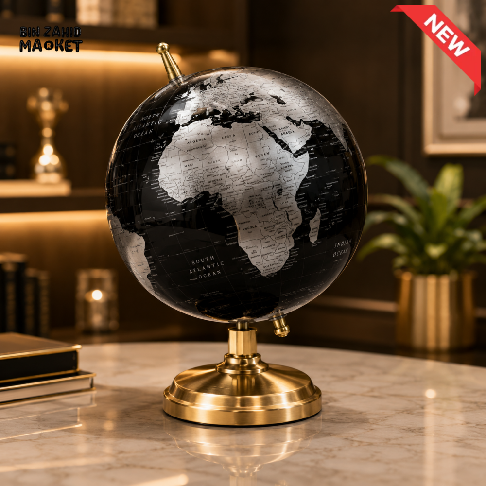 BLACK & SILVER DECORATIVE WORLD GLOBE WITH GOLD METAL STAND