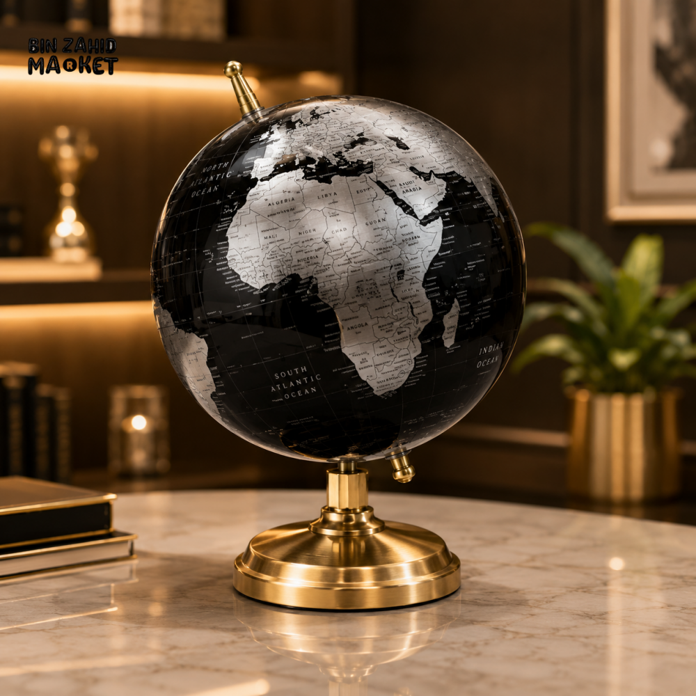 BLACK & SILVER DECORATIVE WORLD GLOBE WITH GOLD METAL STAND