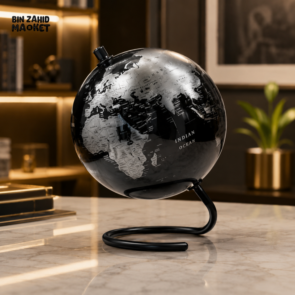 BLACK & SILVER DECORATIVE WORLD GLOBE WITH METAL STAND