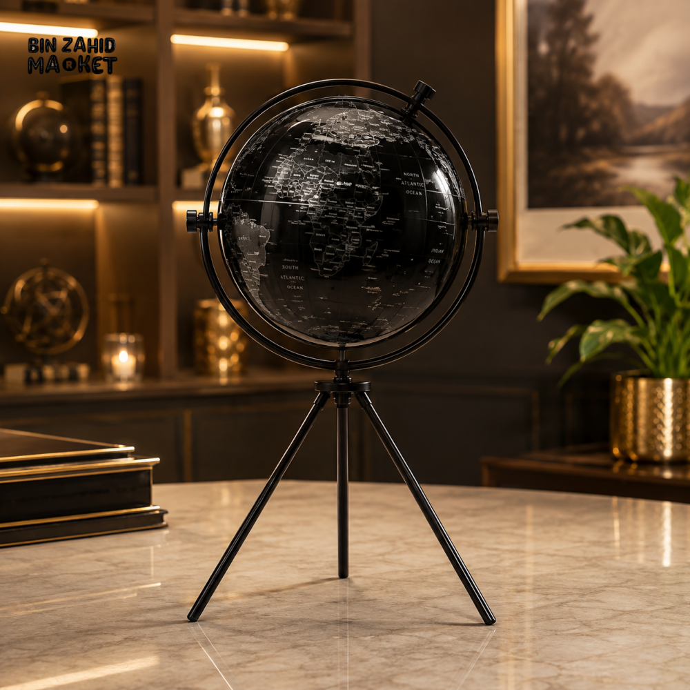 BLACK & SILVER DECORATIVE WORLD GLOBE WITH TRIPOD STAND