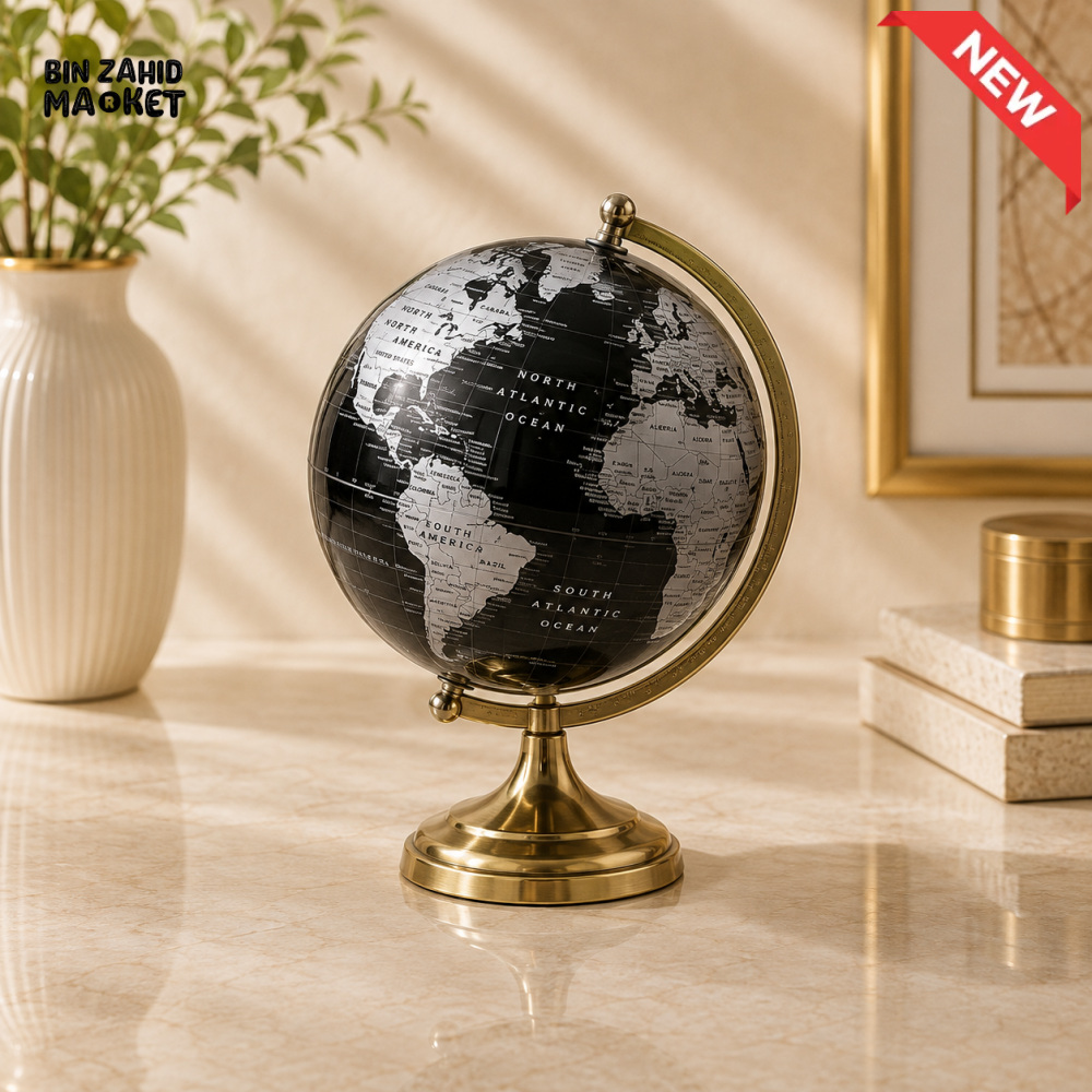 BLACK & SILVER WORLD GLOBE WITH GOLD PEDESTAL STAND