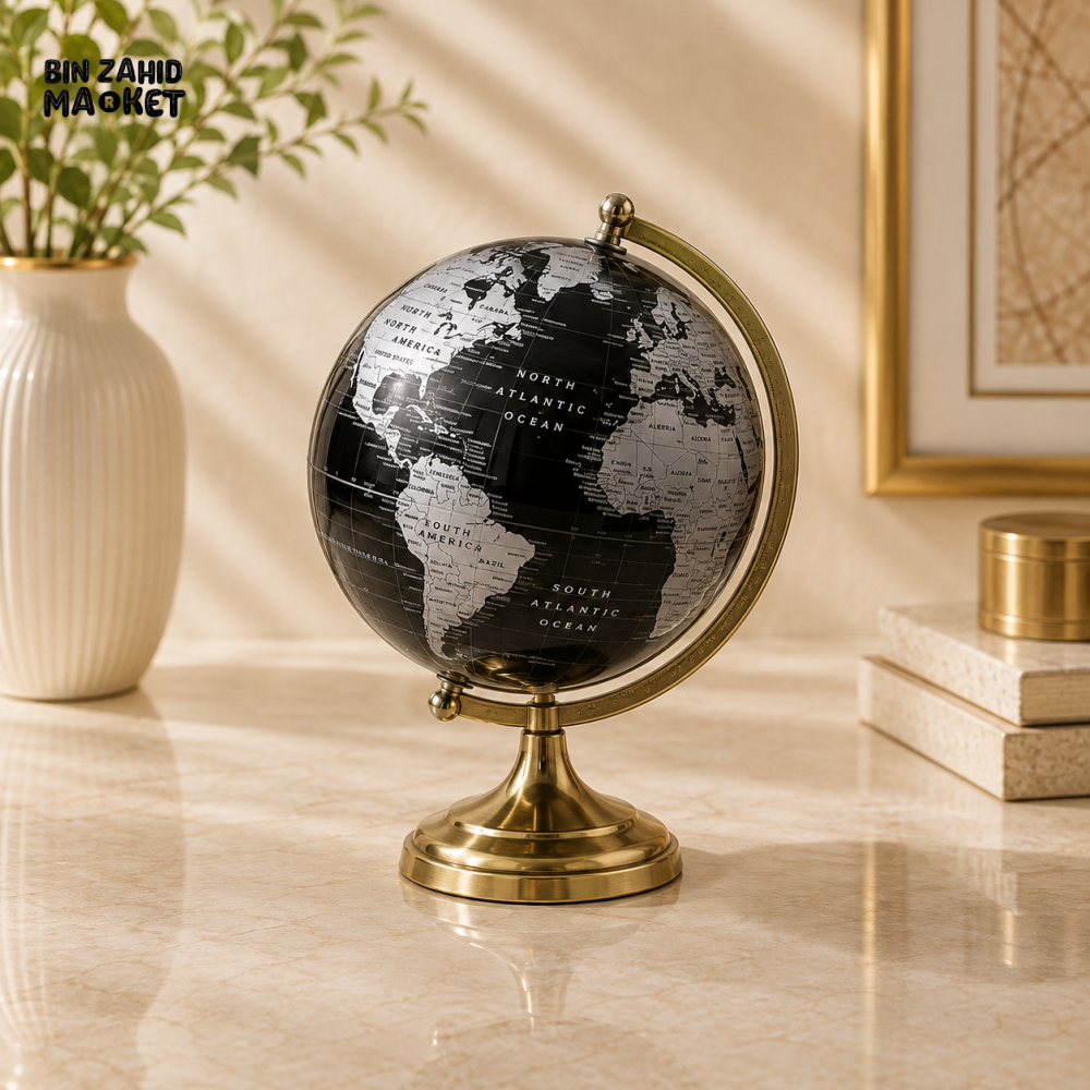 BLACK & SILVER WORLD GLOBE WITH GOLD PEDESTAL STAND
