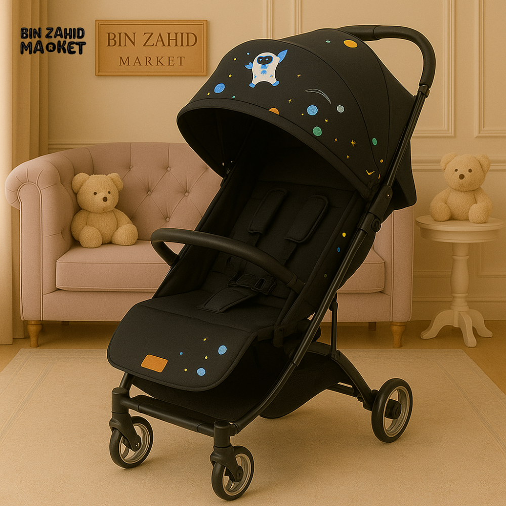 BLACK SPACE THEME BABY STROLLER – ASTRONAUT CANOPY DESIGN WITH COMPACT FRAME & COMFORT SEATING