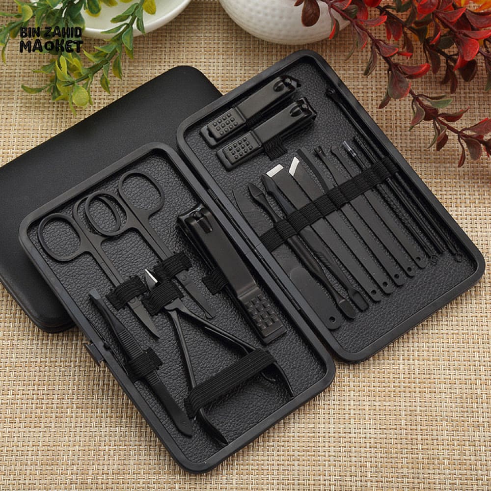 BLACK STAINLESS STEEL 18 PIECES MANICURE SET – NAIL CLIPPER & PEDICURE KIT FOR HOME BEAUTY CARE