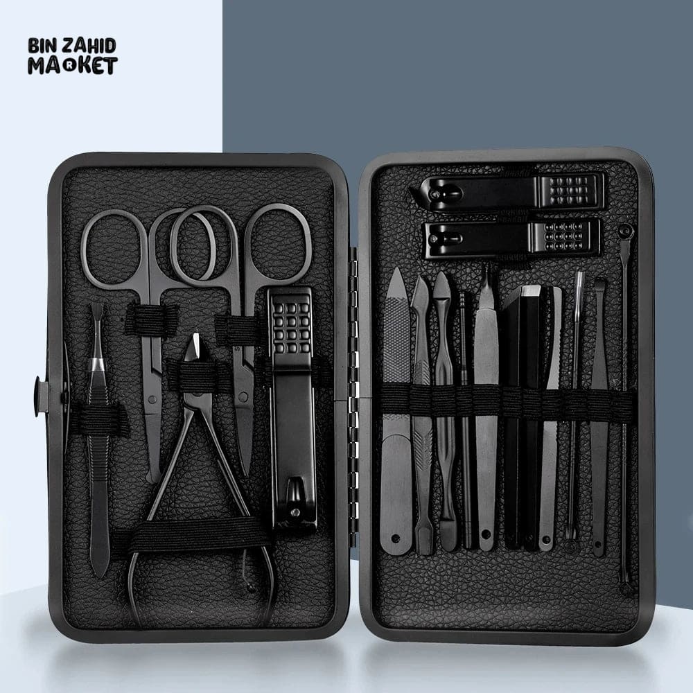 BLACK STAINLESS STEEL 18 PIECES MANICURE SET – NAIL CLIPPER & PEDICURE KIT FOR HOME BEAUTY CARE