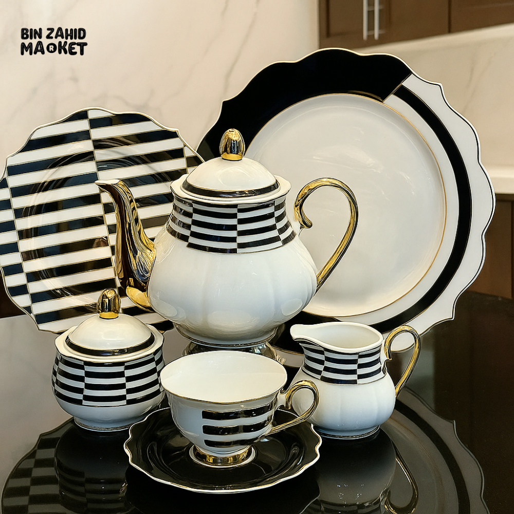 BLACK & WHITE LUXURY TEA SET – 24PIECE ROYAL STYLE WITH GOLD ACCENTS