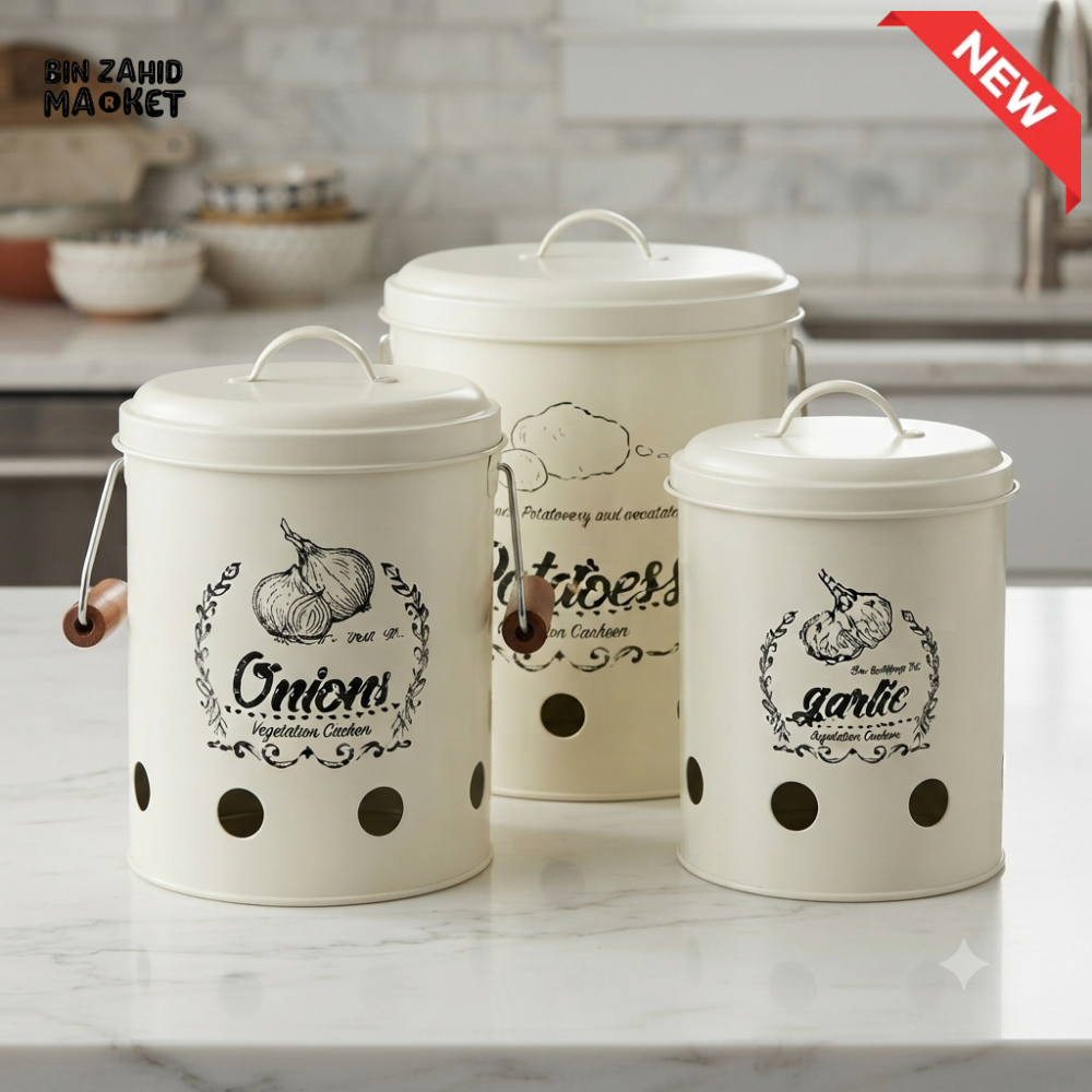 BLACK & WHITE METAL VEGETABLE STORAGE CANISTER SET - 3 PIECE SET - WHITE