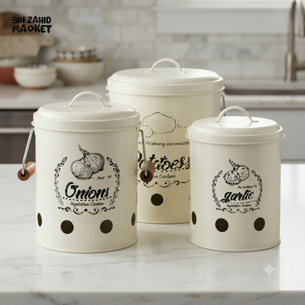 BLACK & WHITE METAL VEGETABLE STORAGE CANISTER SET - 3 PIECE SET - WHITE