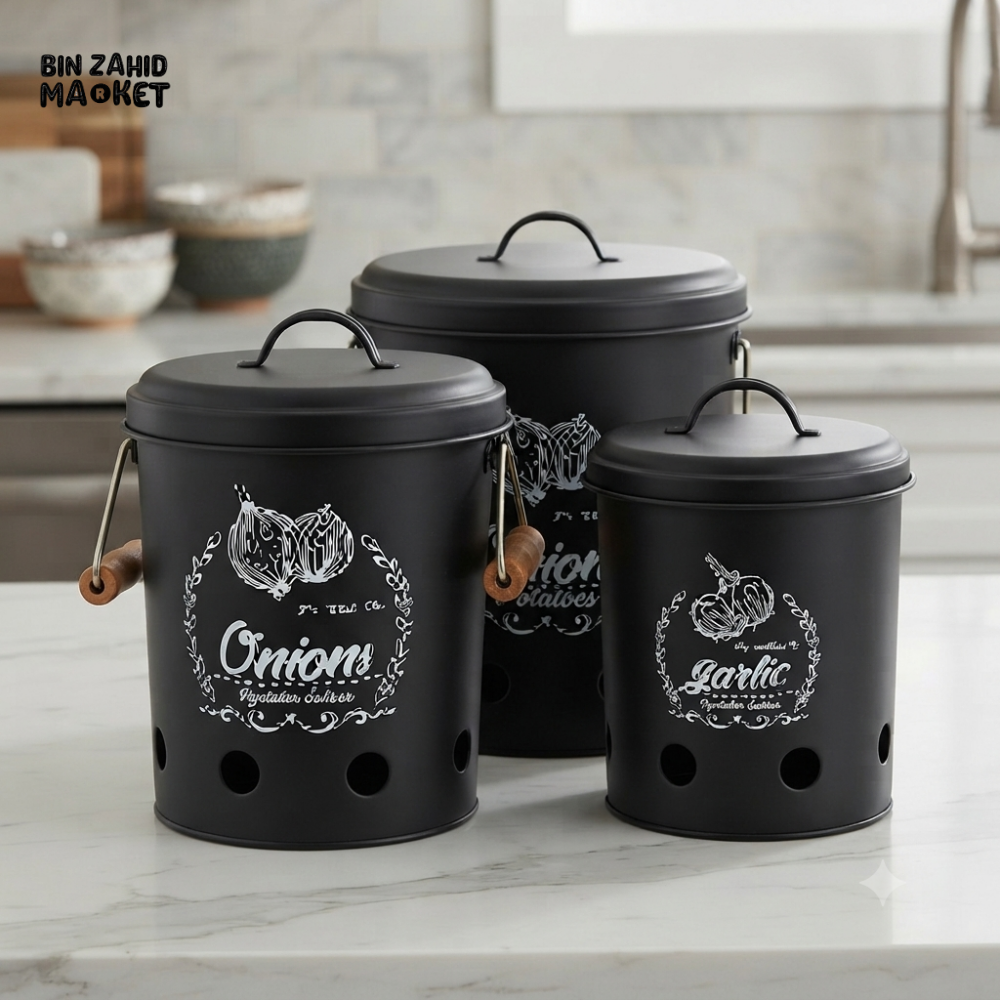 BLACK & WHITE METAL VEGETABLE STORAGE CANISTER SET - 3 PIECE SET - BLACK