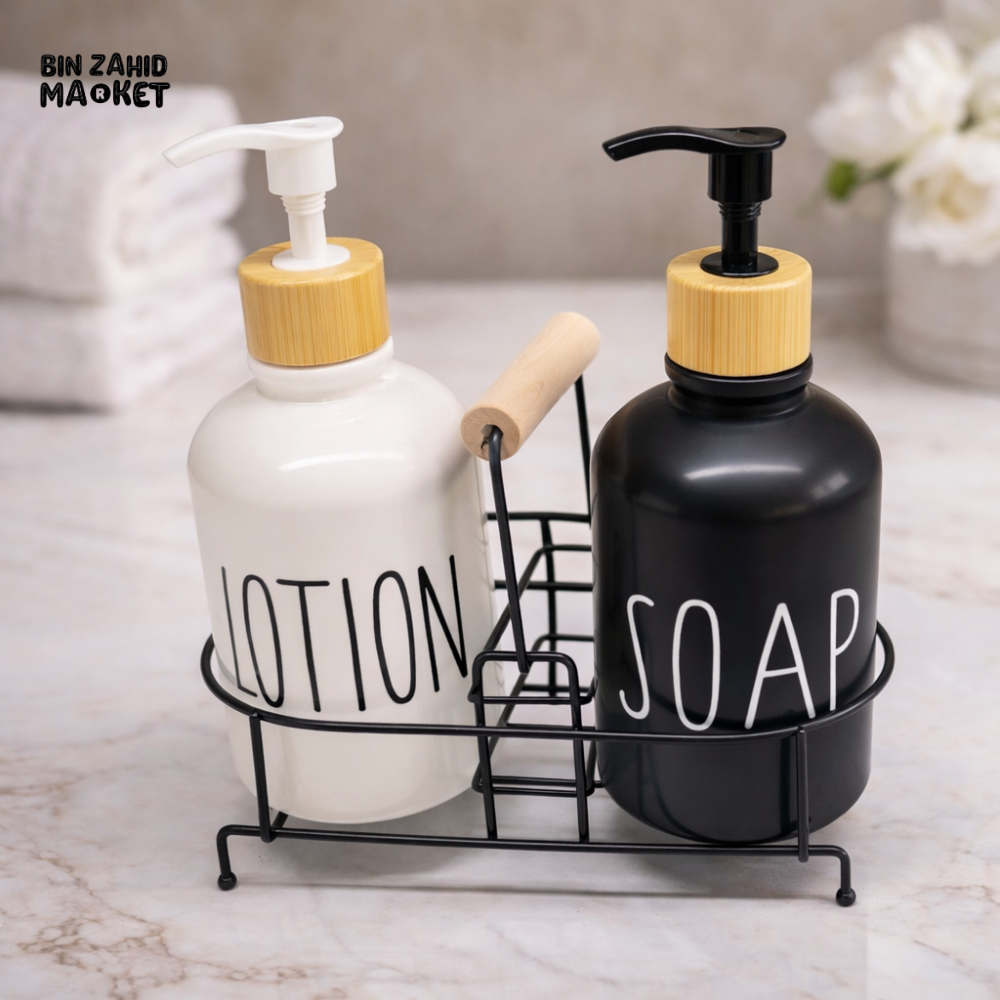 BLACK & WHITE SOAP AND LOTION DISPENSER SET WITH HOLDER