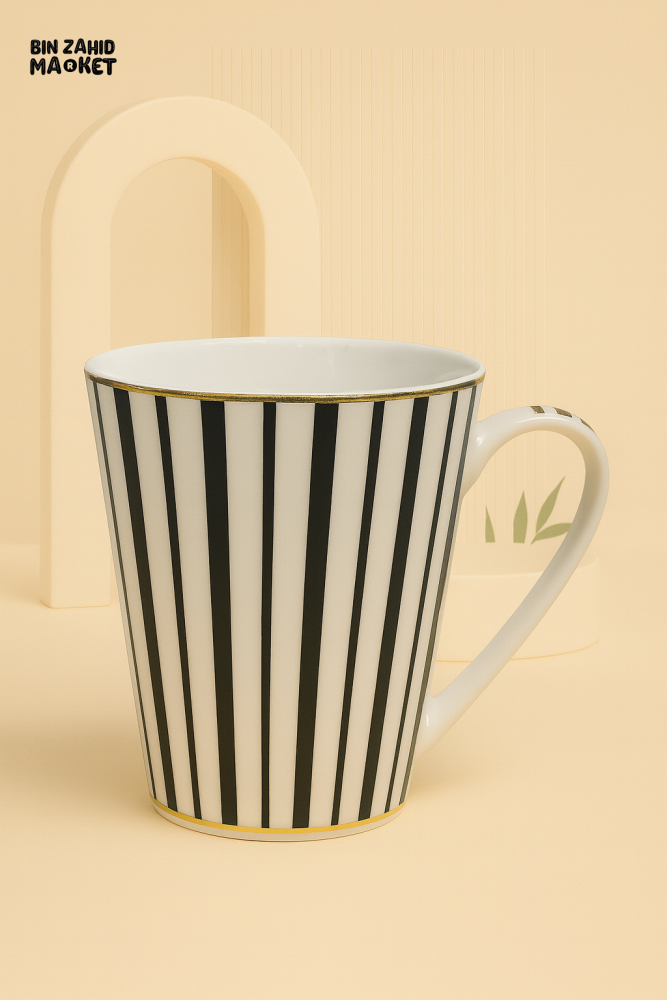 BLACK & WHITE VERTICAL STRIPED CERAMIC COFFEE MUG WITH GOLDEN RIM