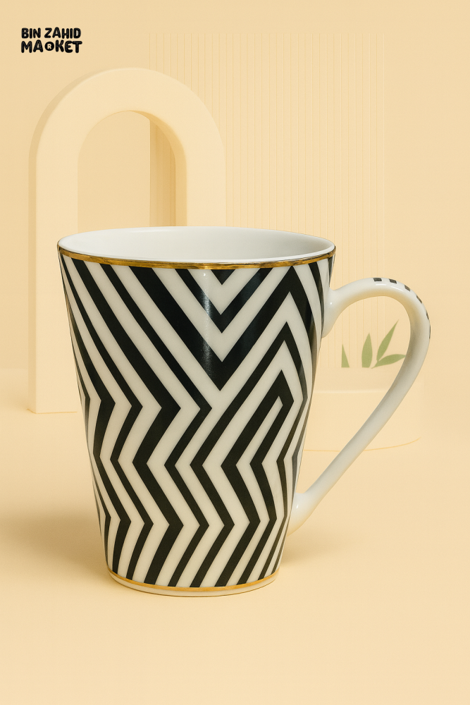 BLACK & WHITE ZIGZAG CERAMIC COFFEE MUG WITH GOLDEN RIM – MODERN STYLE CUP