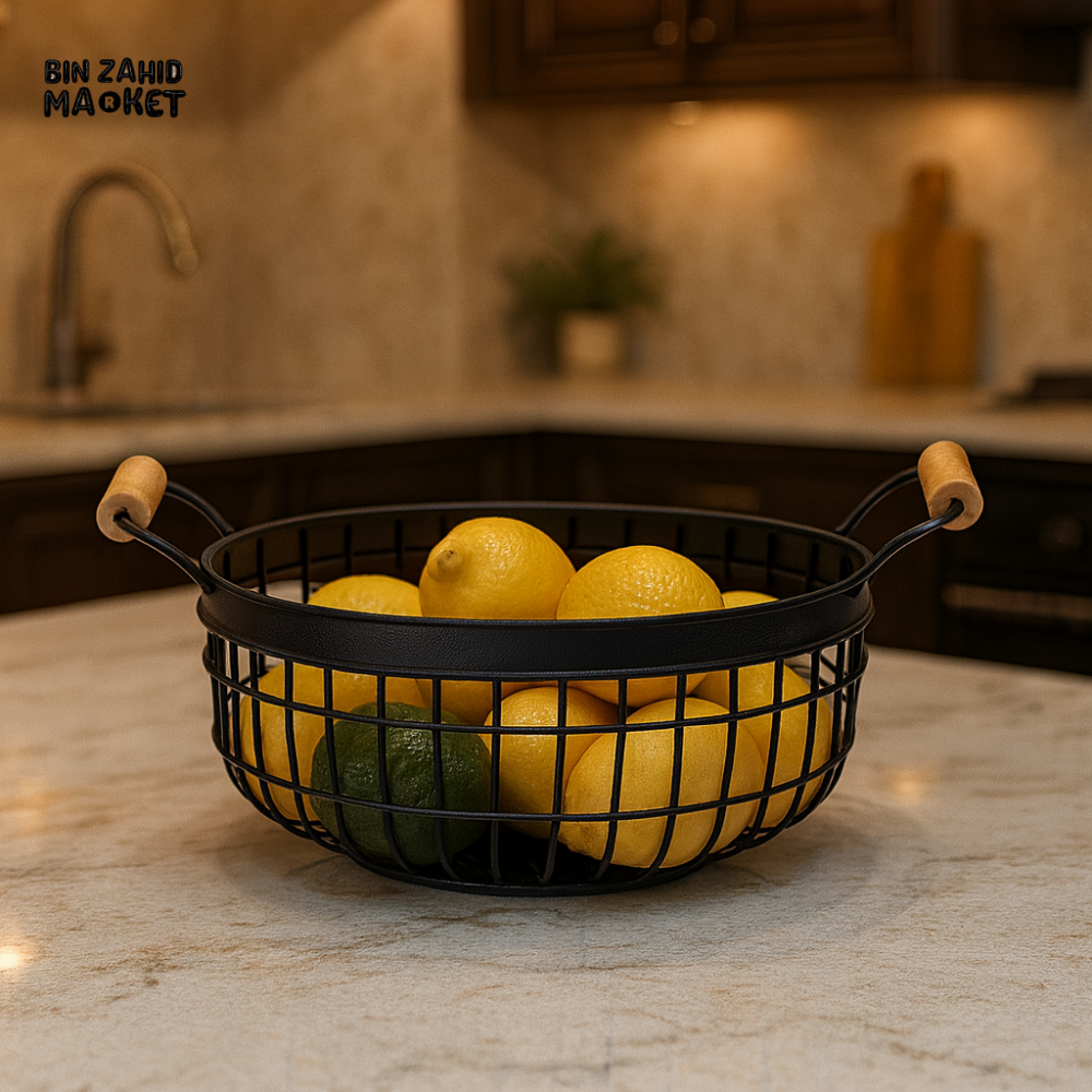 BLACK WIRE FRUIT BASKET WITH WOODEN HANDLES – LUXURY KITCHEN COUNTERTOP FRUIT HOLDER YM16614