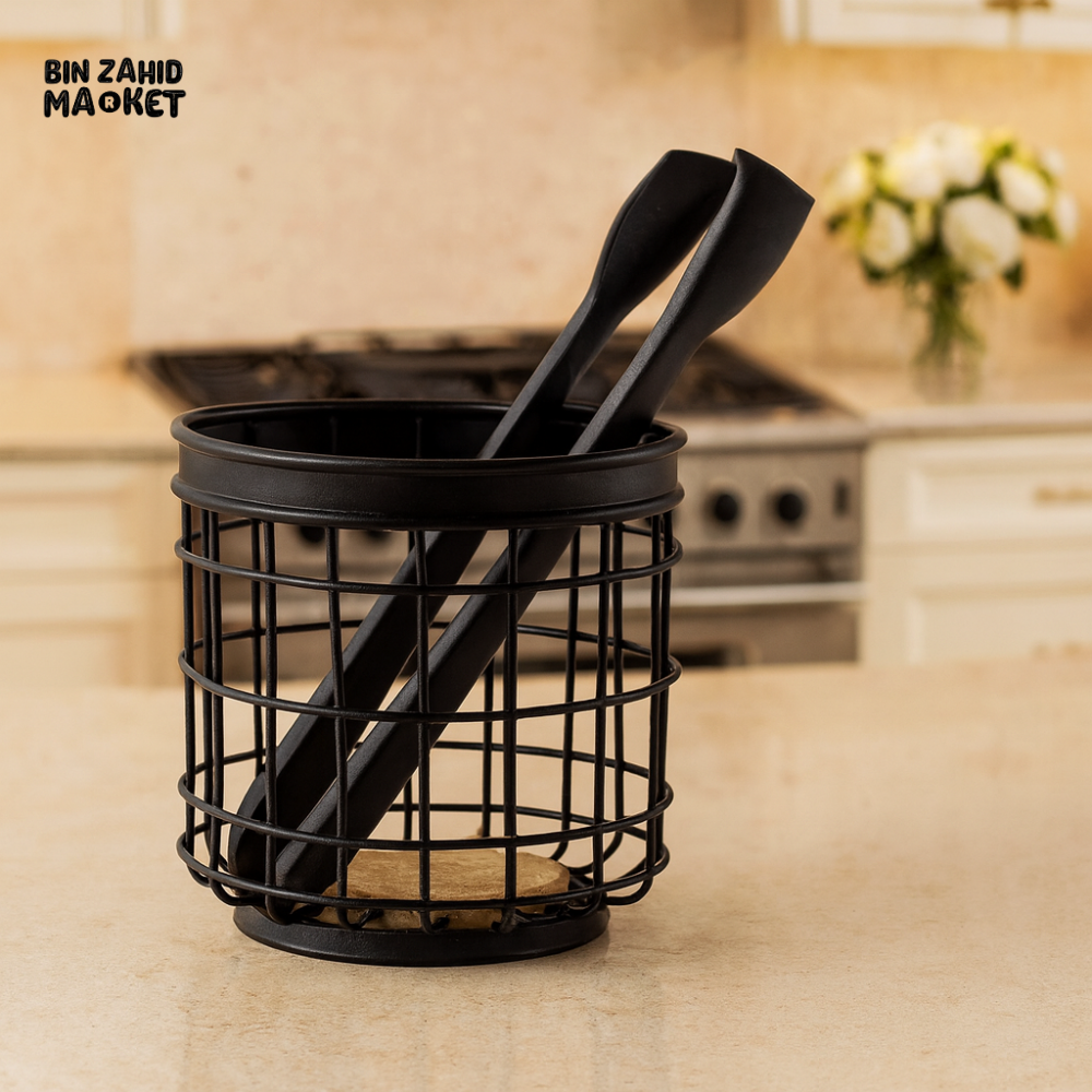 BLACK WIRE UTENSIL HOLDER WITH WOODEN BASE & SILICONE TONGS – LUXURY KITCHEN COUNTER ORGANIZER YM16615