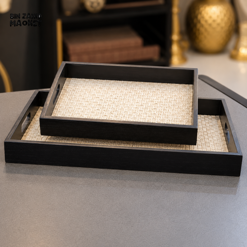 BLACK WOOD LOOK WOVEN BASE SERVING TRAY SET