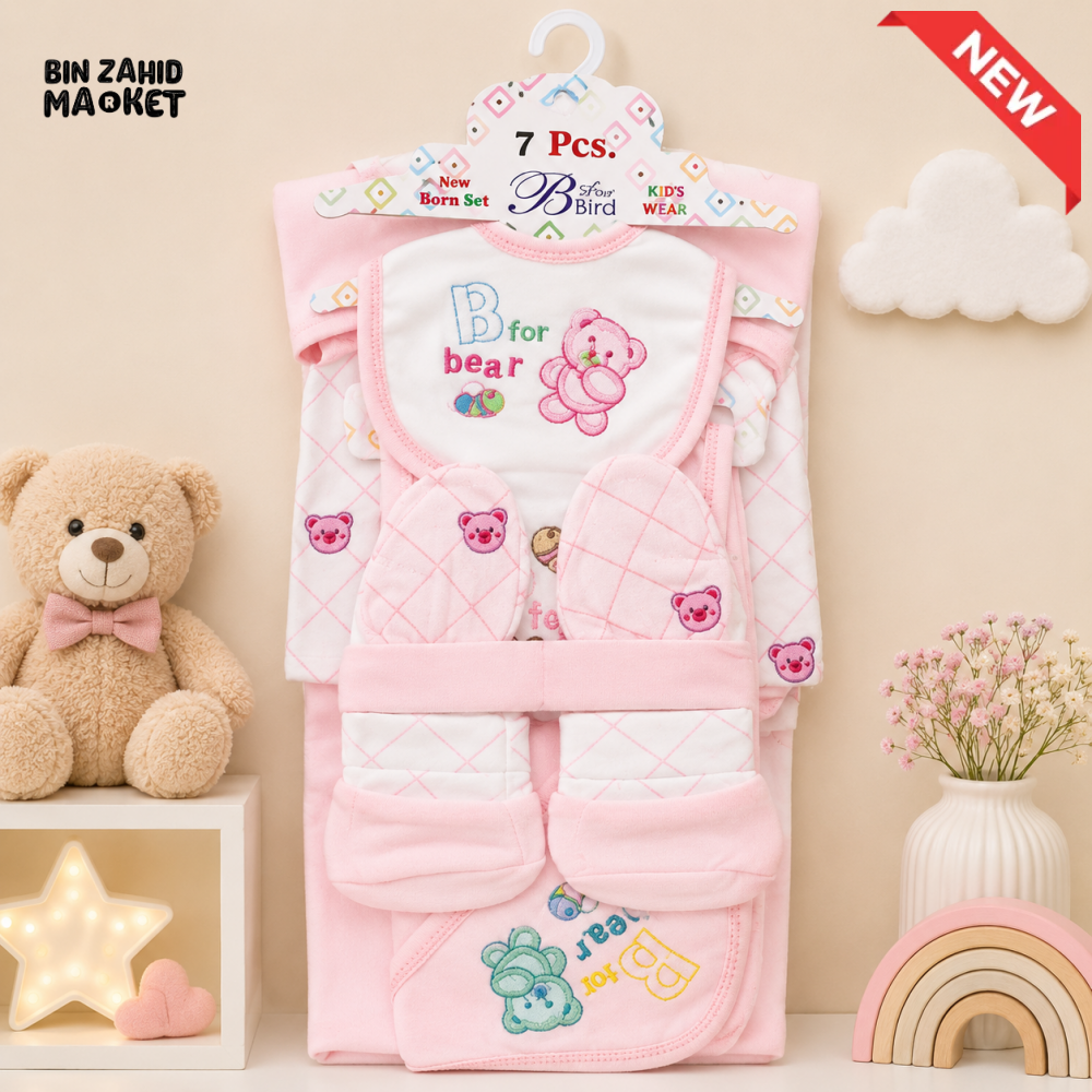 BLUE BIRD 7 PCS NEWBORN BABY GIFT SET – BEAR EMBROIDERED DESIGN (PINK)