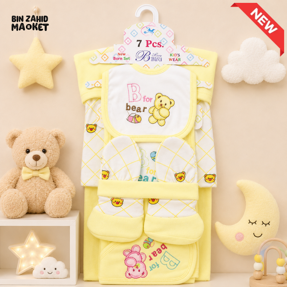 BLUE BIRD 7 PCS NEWBORN BABY GIFT SET – BEAR EMBROIDERED DESIGN (YELLOW)