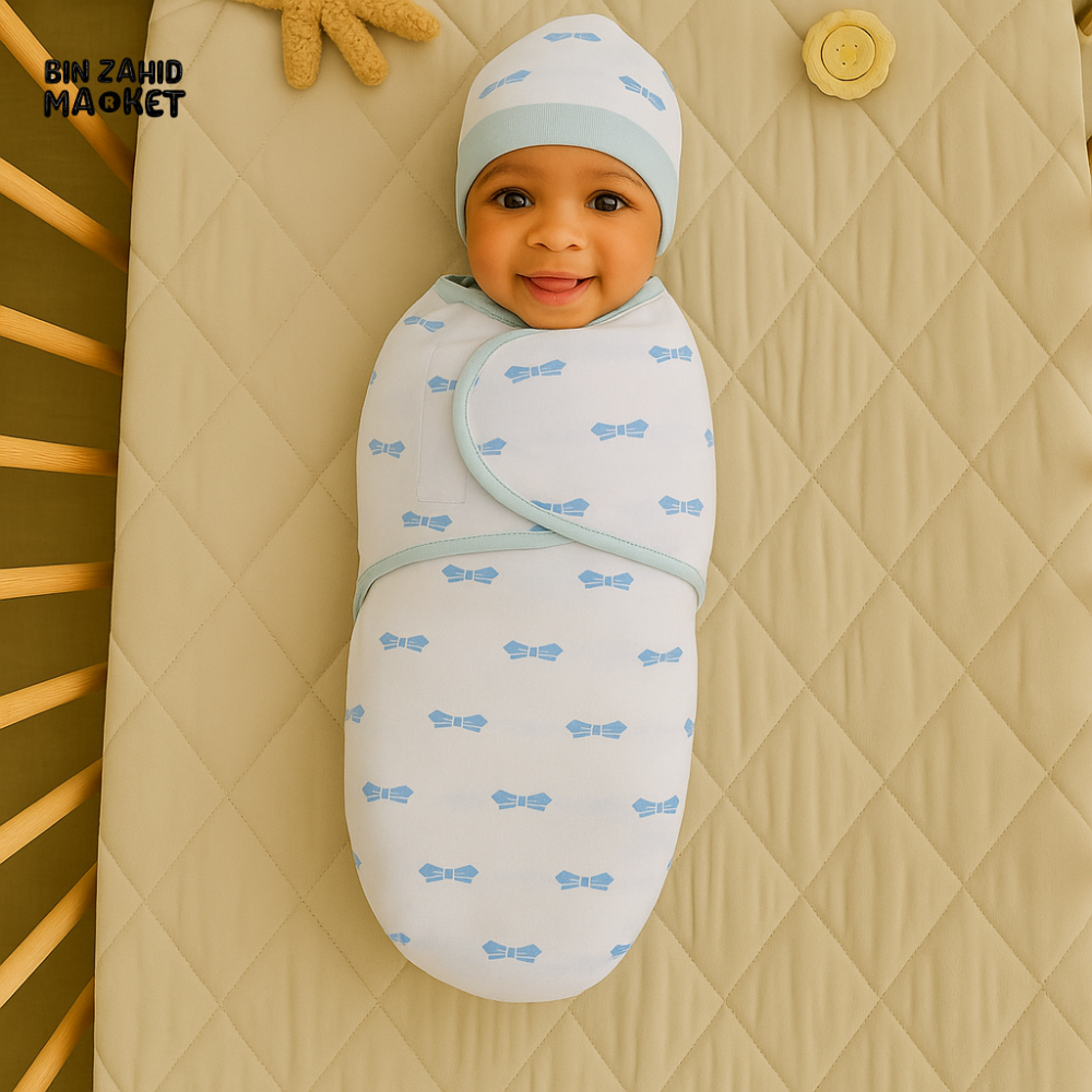 BLUE BOW PRINT NEWBORN SWADDLE SET WITH CAP & MITTENS – COTTON WRAP FOR INFANTS