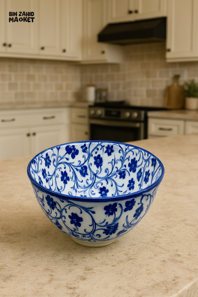 BLUE FLORAL PORCELAIN BOWL TRADITIONAL CERAMIC DESIGN