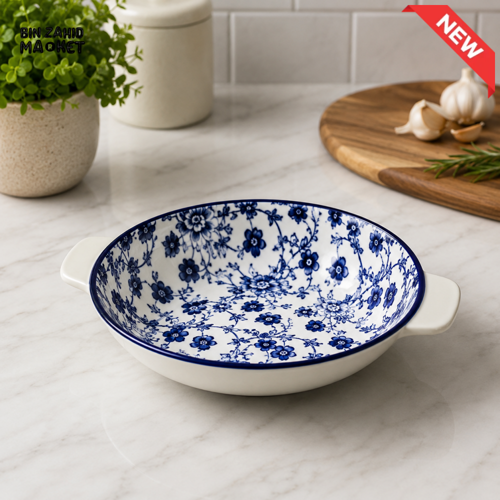 BLUE FLORAL PORCELAIN ROUND SERVING DISH WITH HANDLES – 1275TYKP