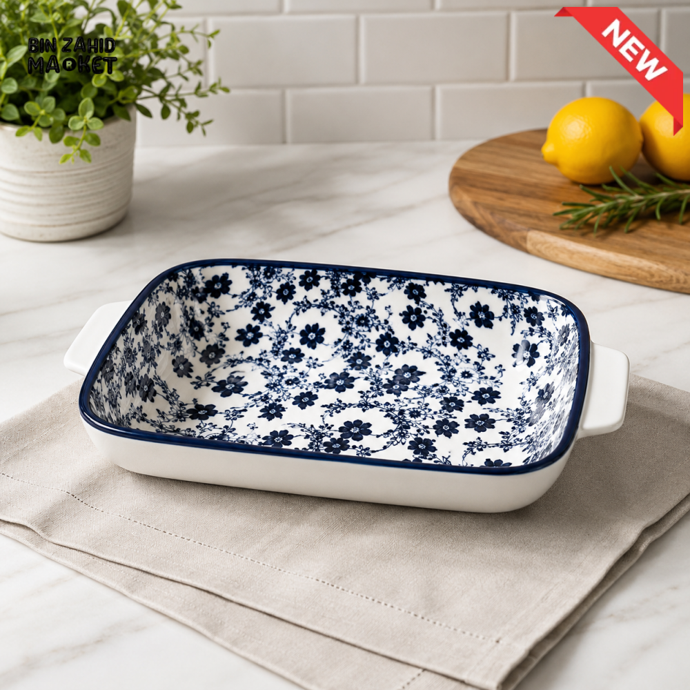 BLUE FLORAL RECTANGULAR PORCELAIN BAKING & SERVING DISH WITH HANDLES – 1275CFKP