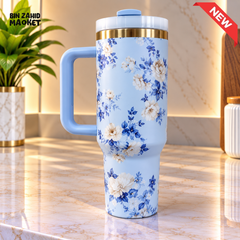 BLUE FLORAL STAINLESS STEEL INSULATED TRAVEL TUMBLER WITH HANDLE 40OZ