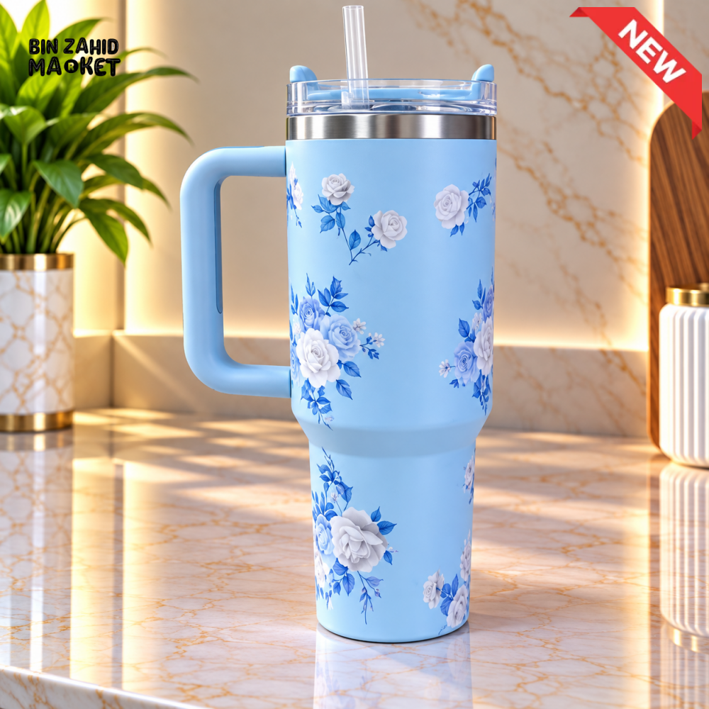 BLUE FLORAL STAINLESS STEEL INSULATED TRAVEL TUMBLER WITH HANDLE & STRAW 40OZ