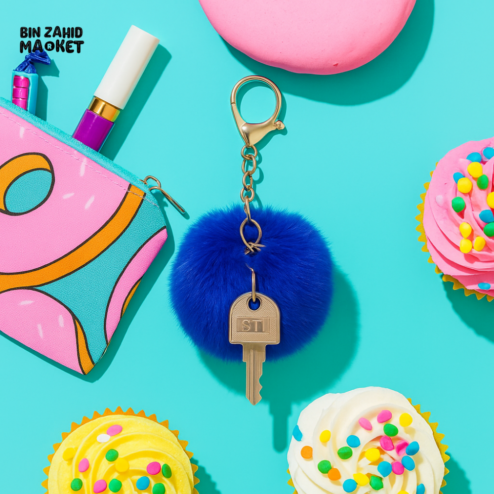 BLUE FLUFFY POM POM KEYCHAIN WITH METAL KEY CHARM – AESTHETIC BAG CHARM