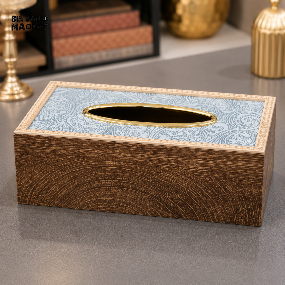 BLUE PAISLEY GOLD RIM WOOD LOOK TISSUE BOX